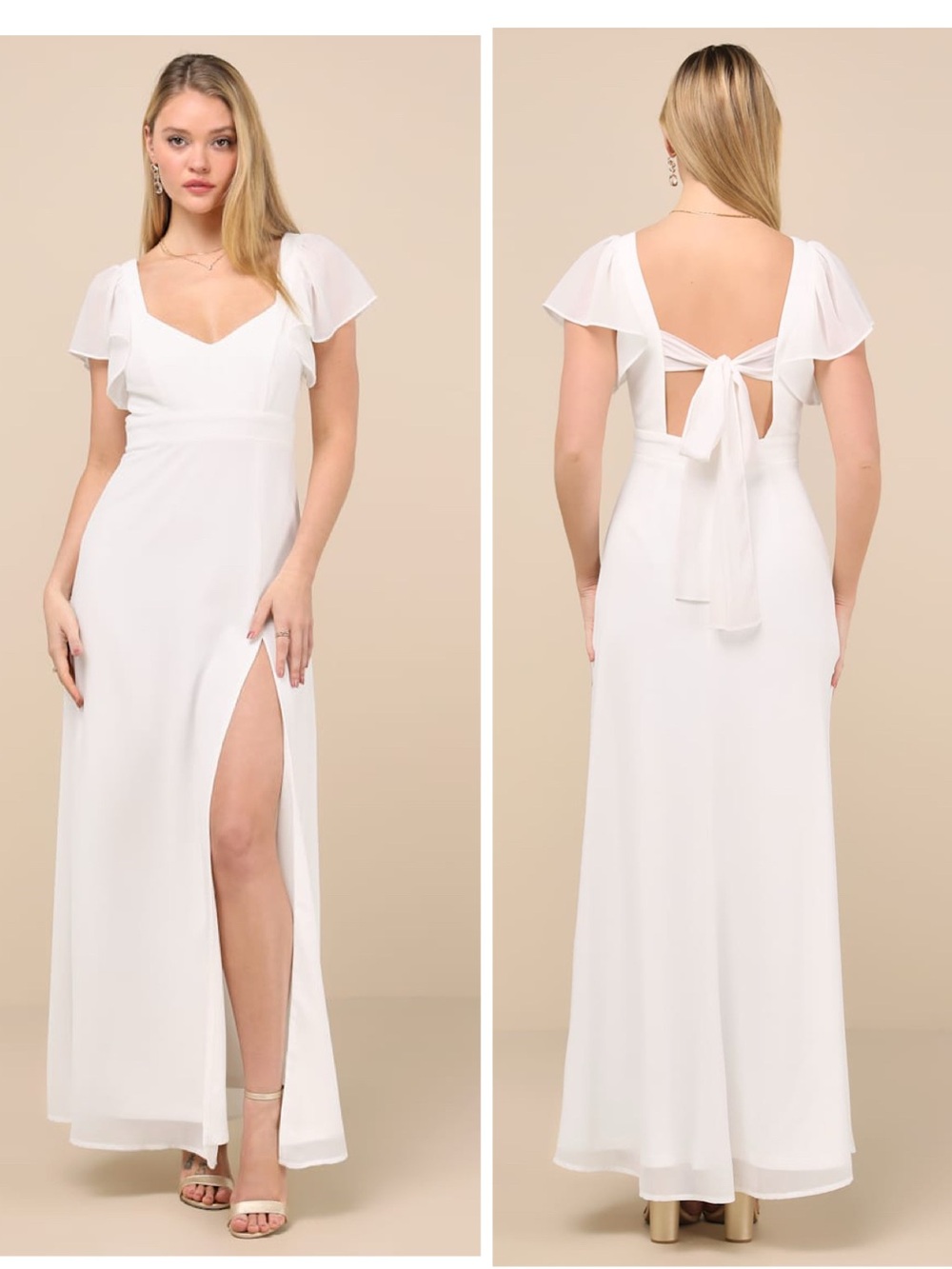 Lulus Simply Delightful White Tie-Back Flutter Sleeve Maxi Dress Size Small NWT